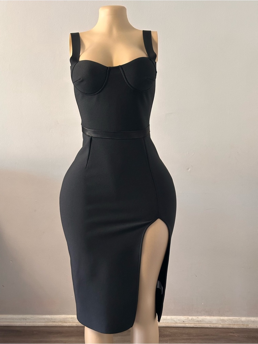 Black Strappy Midi Dress with Thigh Slit